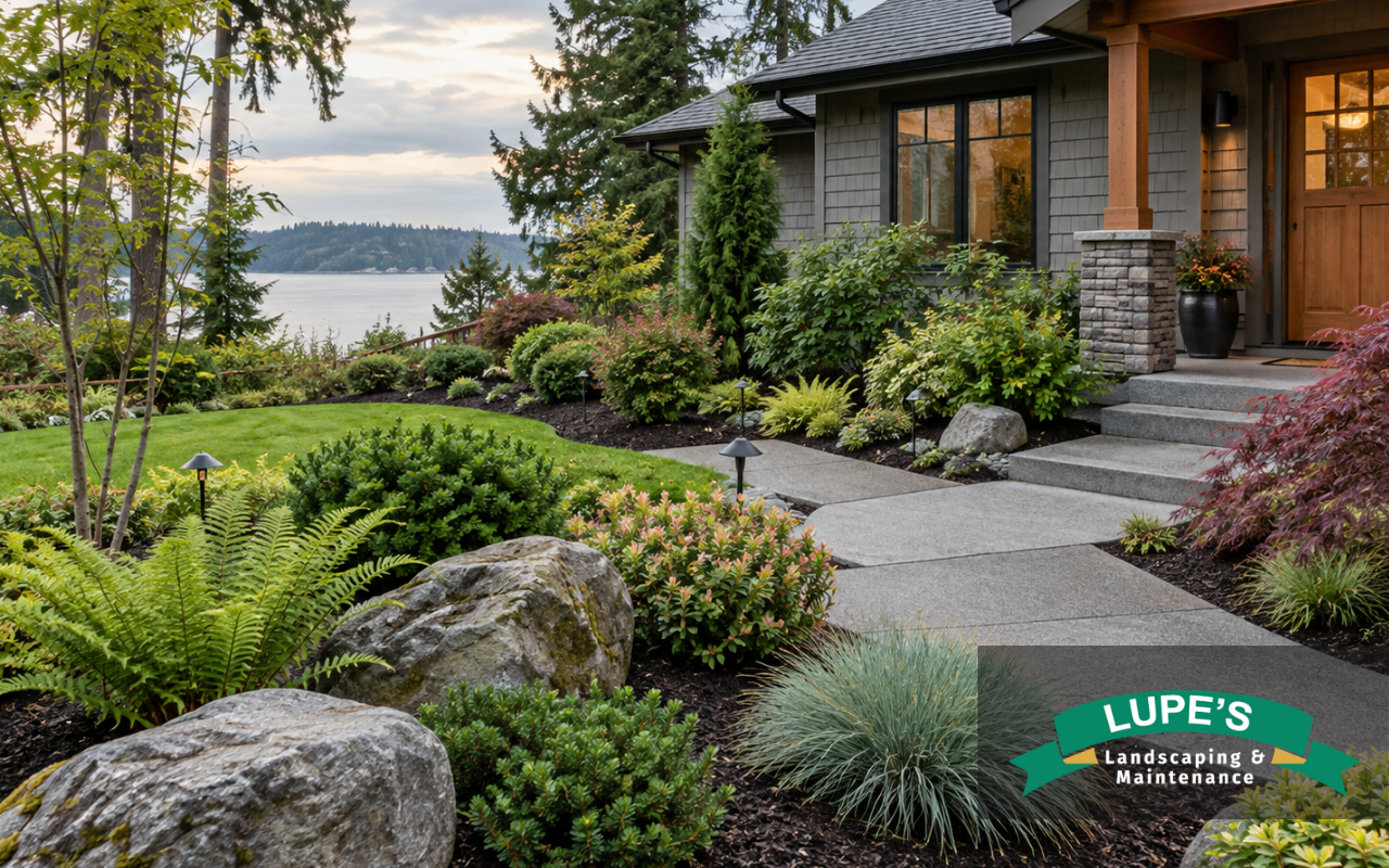 Low-maintenance landscaping on Bainbridge Island with organized planting beds and mulch
