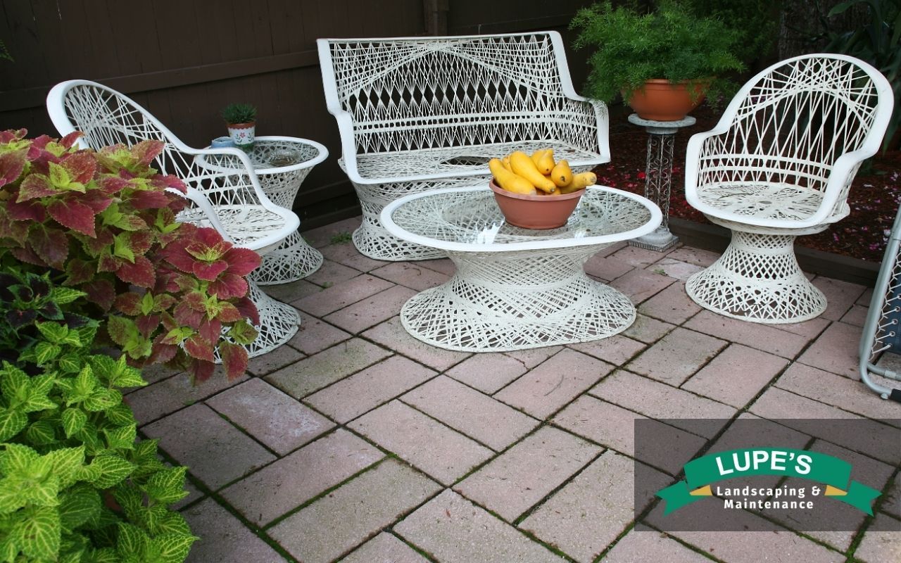 Low-impact patio design with built-in seating and planters