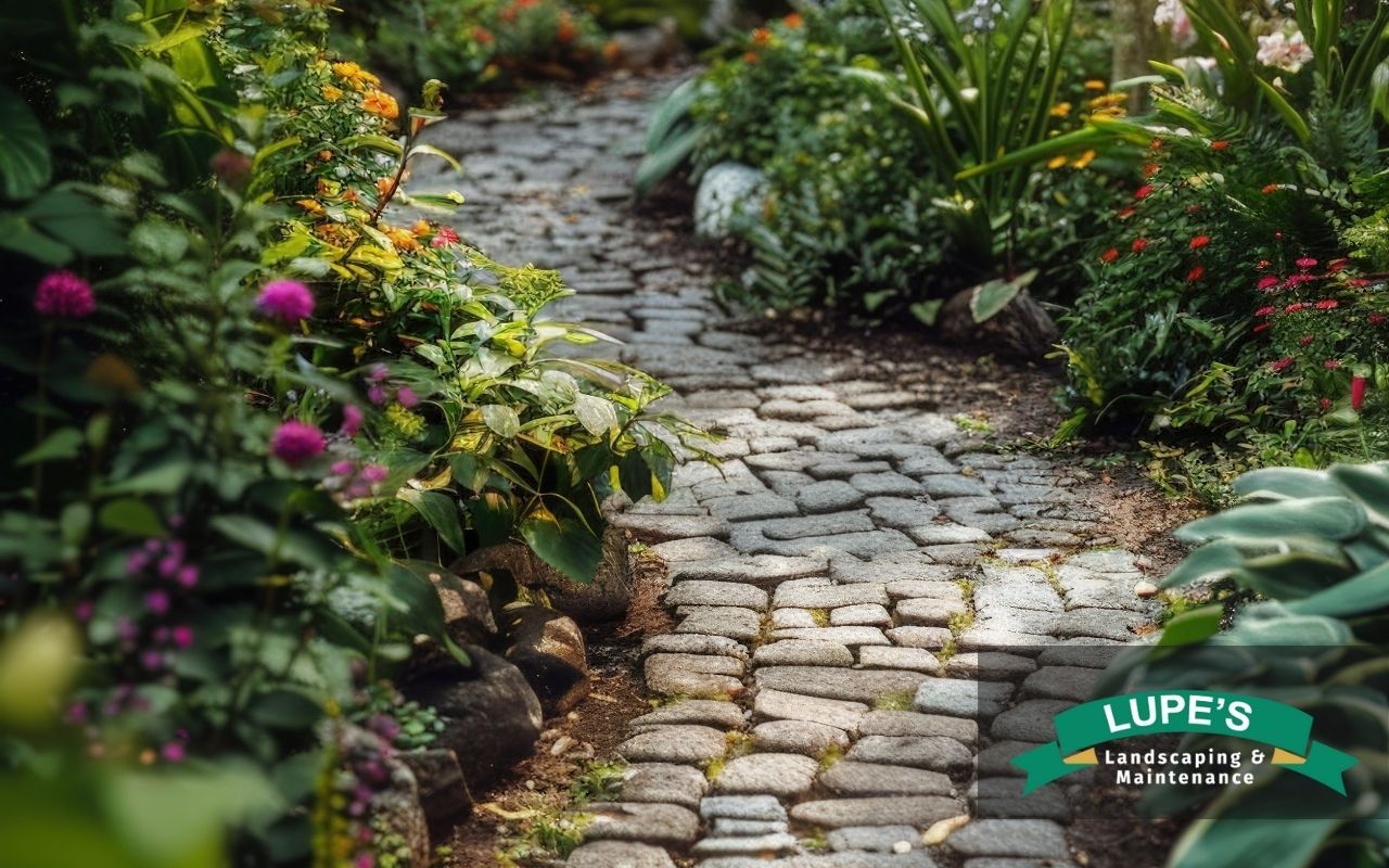 Backyard with native plants, stone pathways, and mulch beds in Kingston, WA
