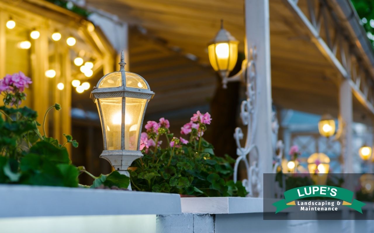 Outdoor patio decorated with lanterns and soft-glow lighting