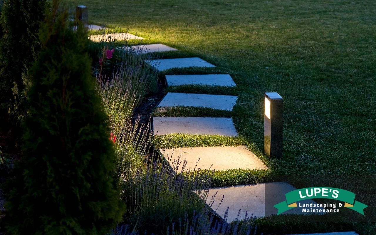 Minimalist garden path with modern low-profile lighting