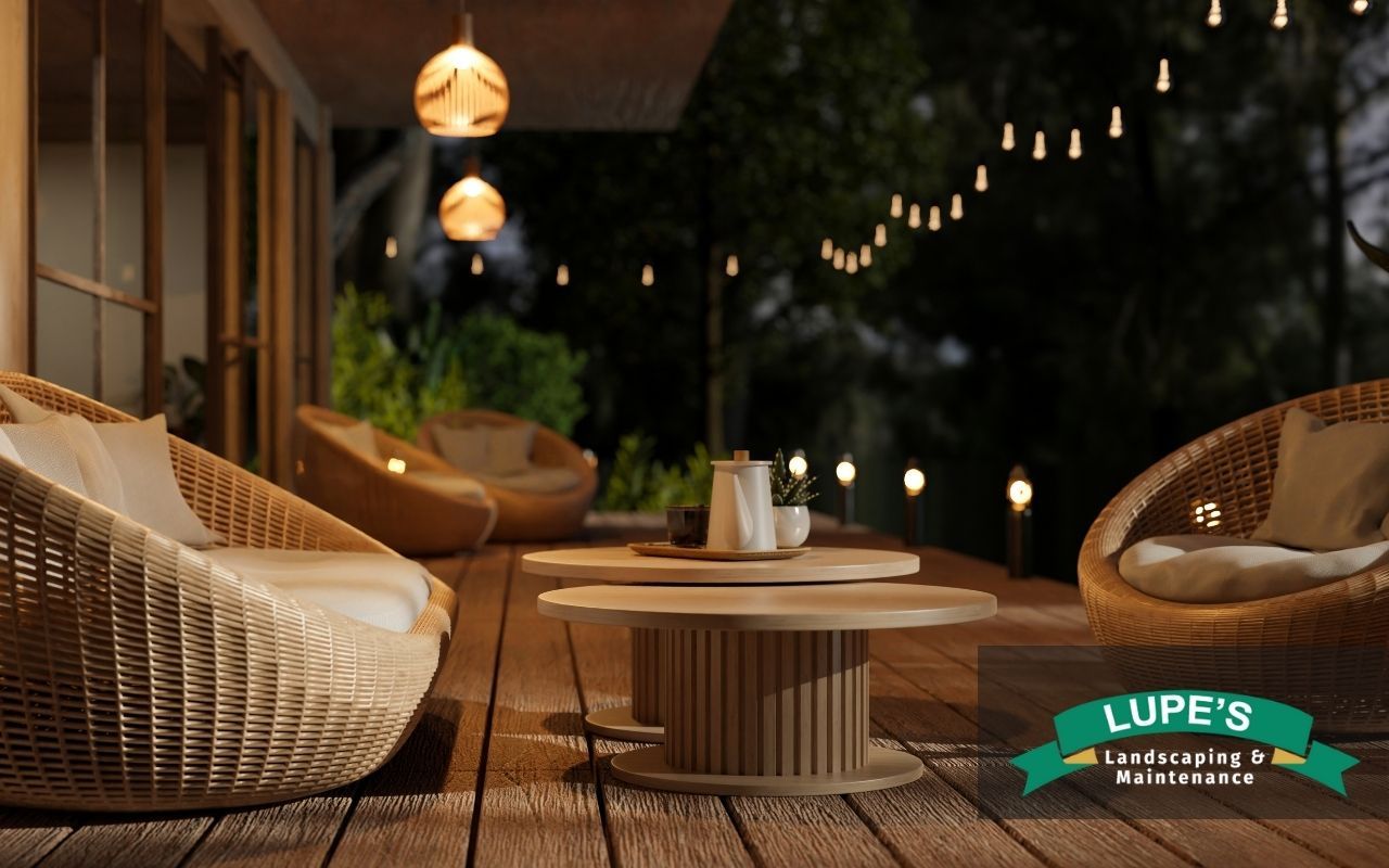 Modern patio with low-voltage lighting fixtures and seating area