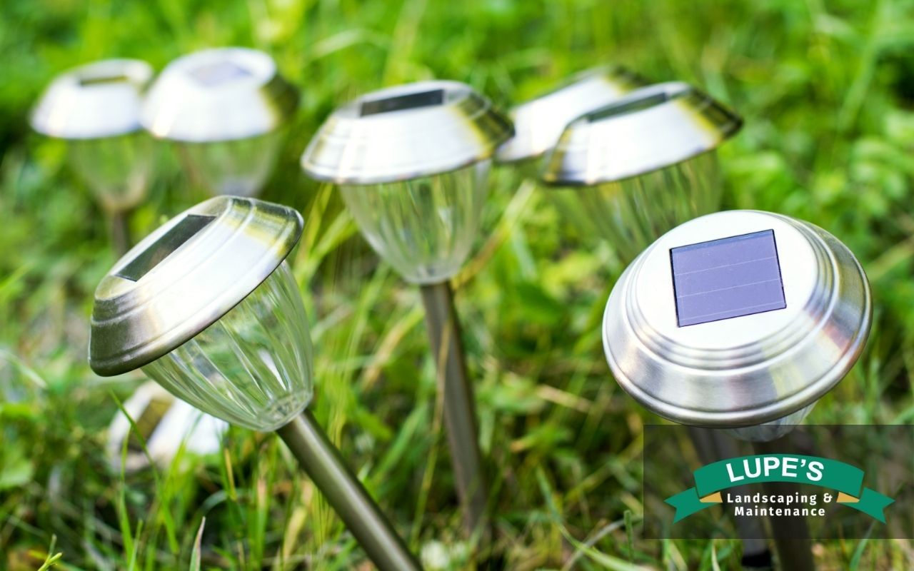 Solar-powered garden lights adding glow to a front yard