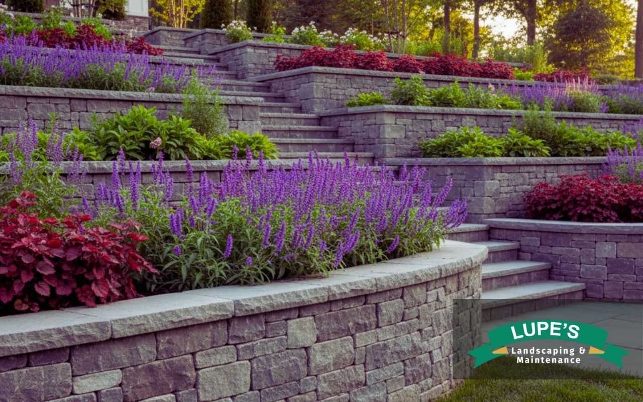 Non-slip patio pavers installed in a Bainbridge Island backyard, offering safe, weather-resistant hardscaping and inspiring low-maintenance landscape ideas with natural stone aesthetics.