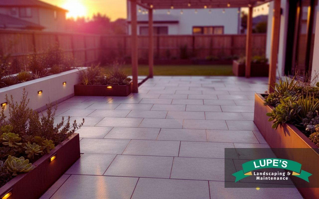 A natural stone patio on Bainbridge Island surrounded by lush greenery, showcasing sustainable design ideas for outdoor relaxation.
