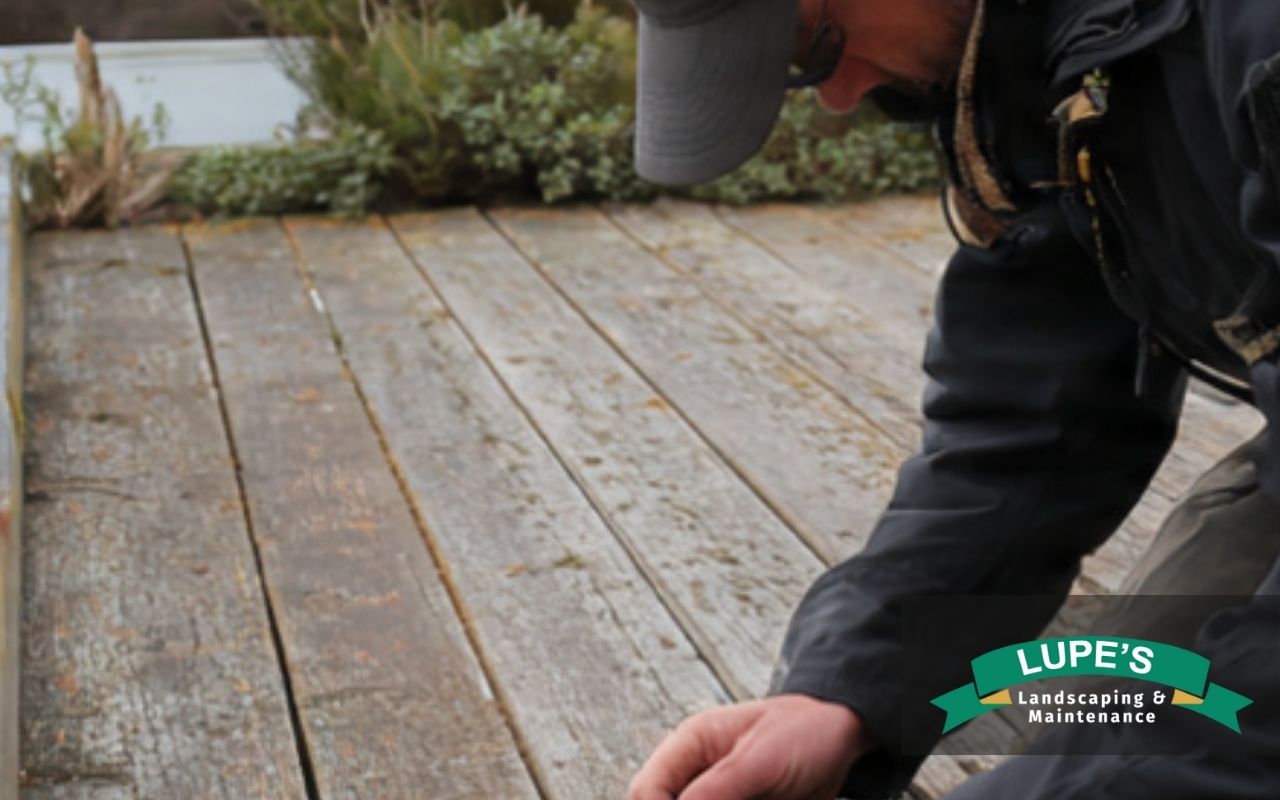 Technician performing coastal deck inspections in Bainbridge Island on a waterfront wood deck.