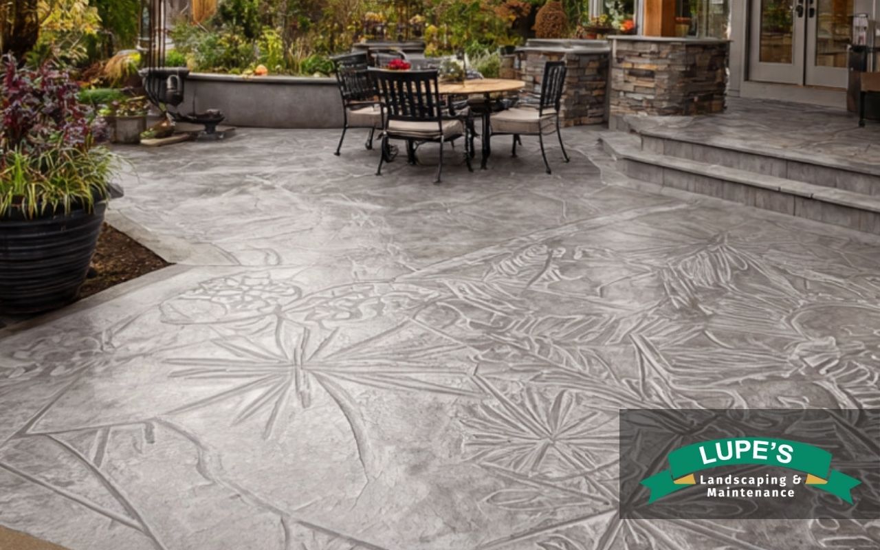 Cozy front entry using stamped concrete ideas for Bainbridge Island with slip-resistant textures and low-gloss sealer.