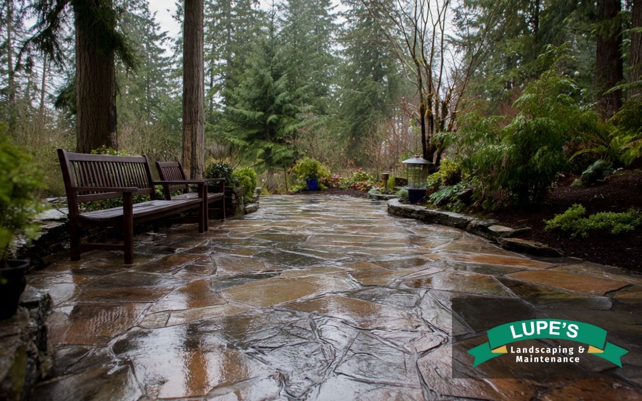 Stone patio winter care in Bainbridge Island with clean, dry pavers ready for winter rain