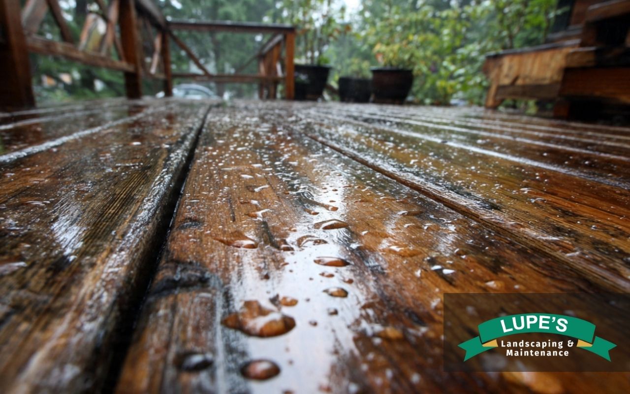 Deck mold removal in Bainbridge Island on wet wooden boards after rainfall