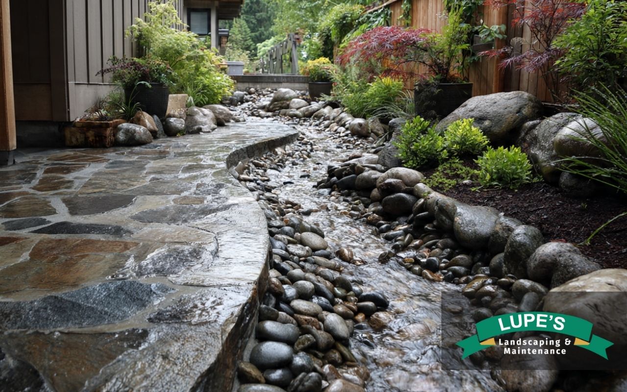 Stone patio drainage tips for Bainbridge Island showing water flowing off a gently sloped patio