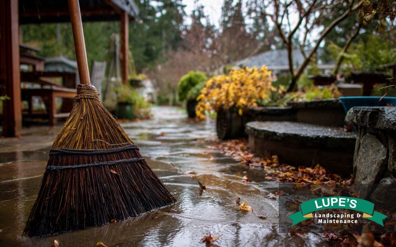 Winter patio maintenance in Bainbridge Island with debris sweeping on a wet patio surface