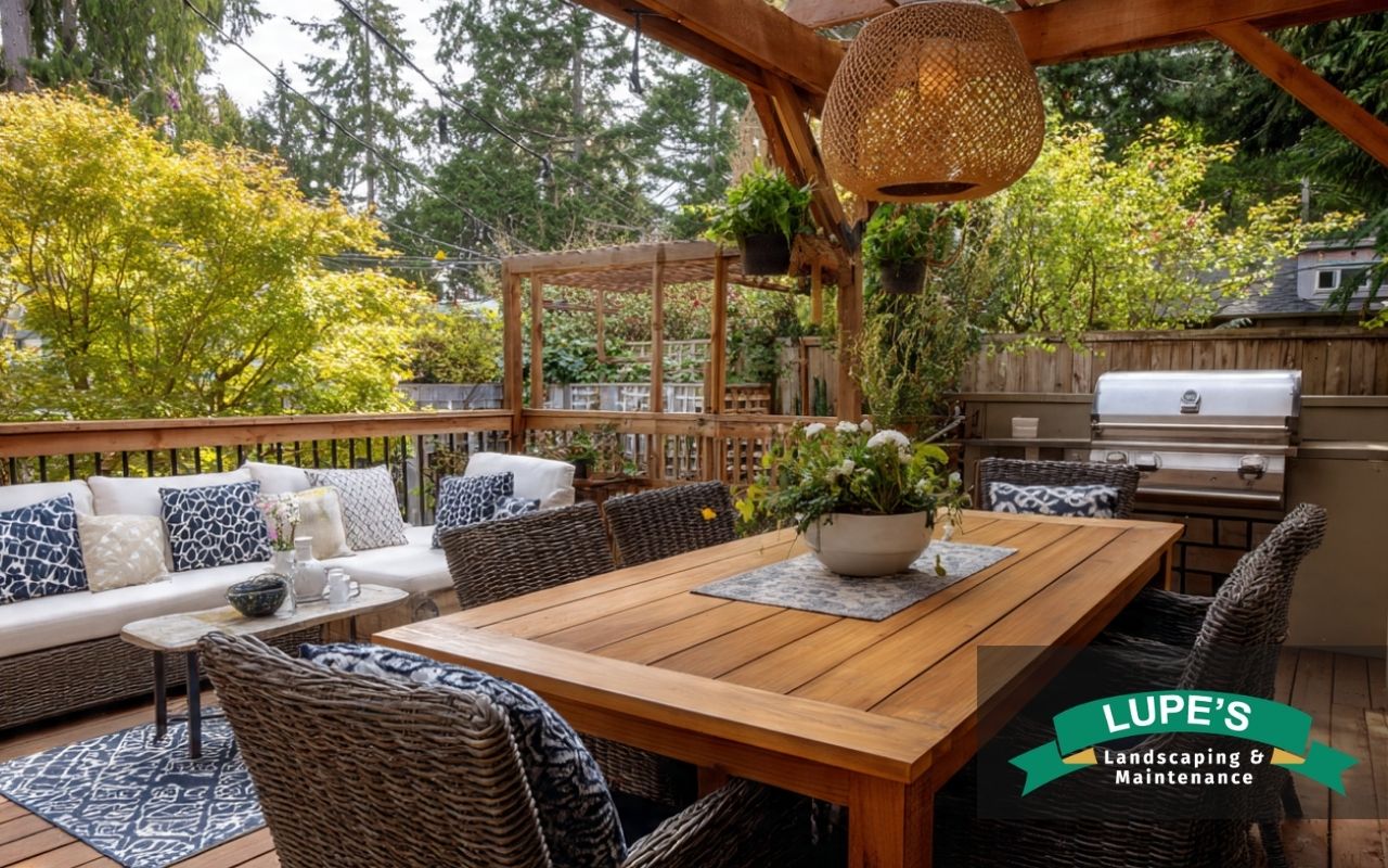 Deck renovation ideas for Bainbridge Island showing a practical layout with dining and lounge zones