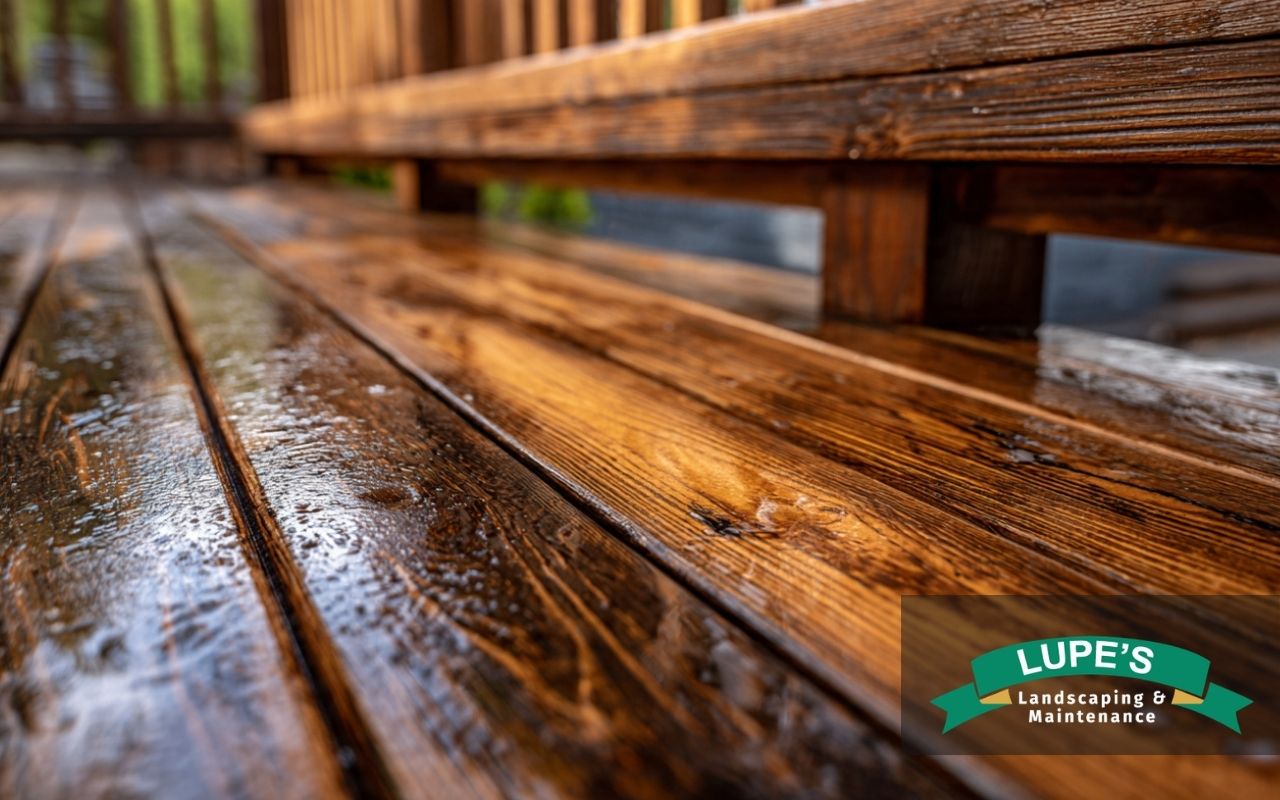 Deck staining tips in Bainbridge Island shown on cedar boards with an even, fresh stain coat