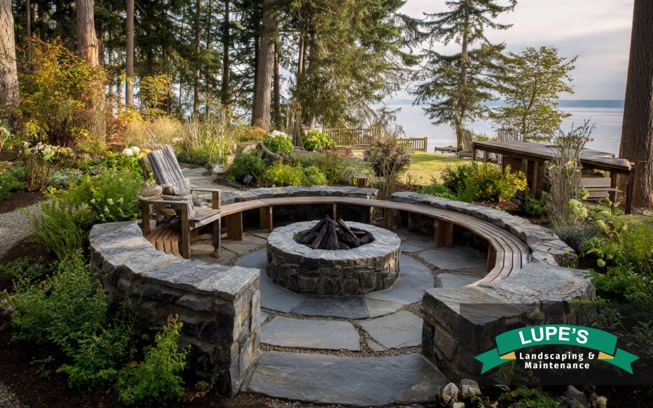 Stone fire pit design ideas for Bainbridge Island with circular seating in a coastal backyard