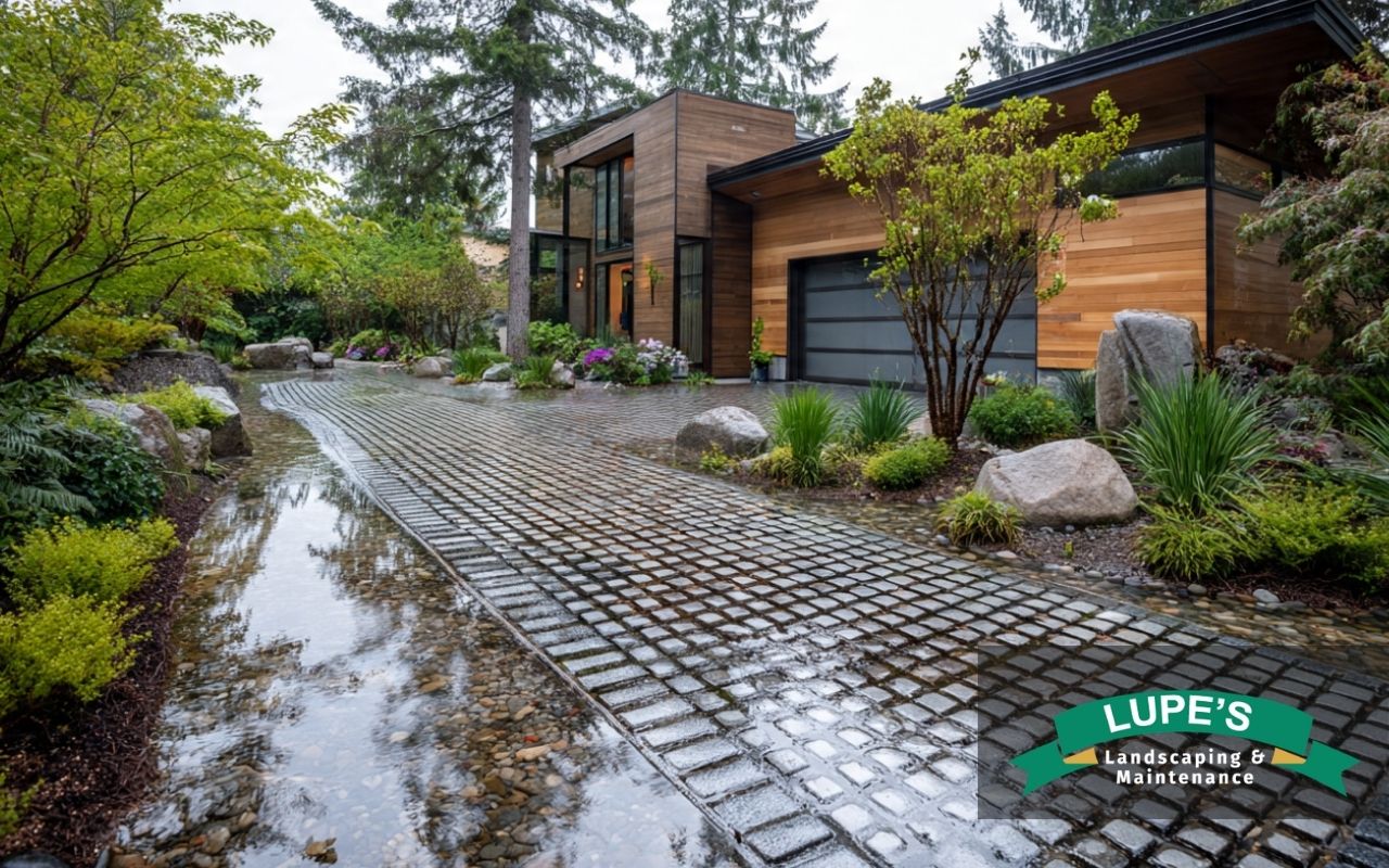 Permeable pavers benefits for Bainbridge Island shown in an eco-friendly driveway after rainfall