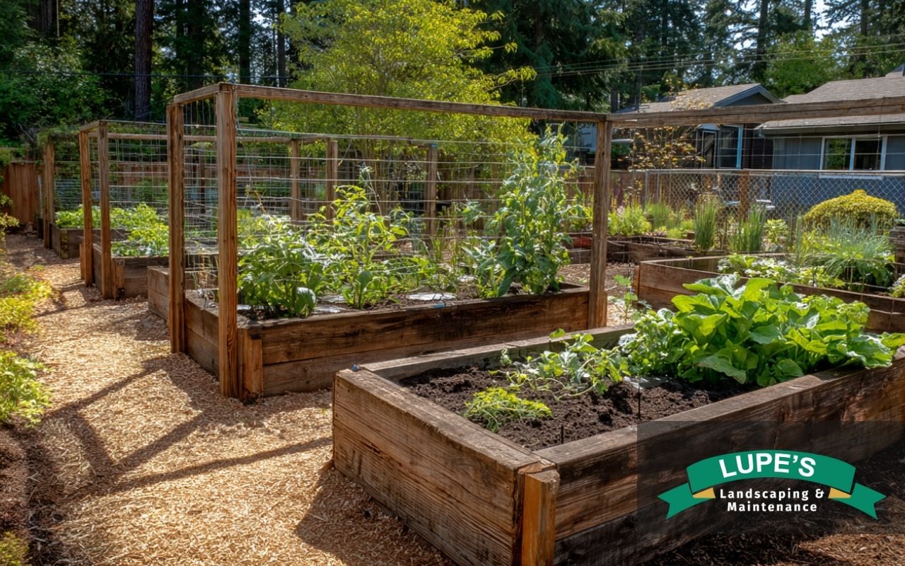 Raised garden beds on Bainbridge Island with a clean vegetable layout in a sunny backyard