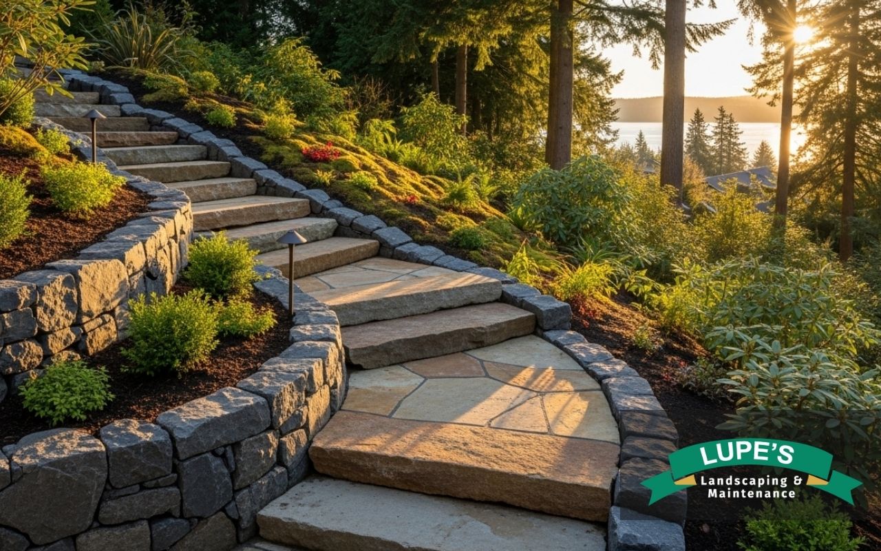 outdoor steps installation in Bainbridge Island for a sloped front yard