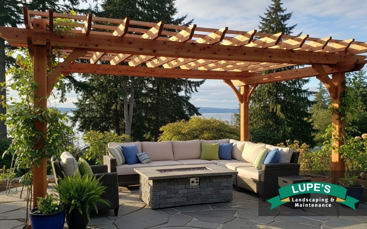 pergola installation in Bainbridge Island with patio seating area