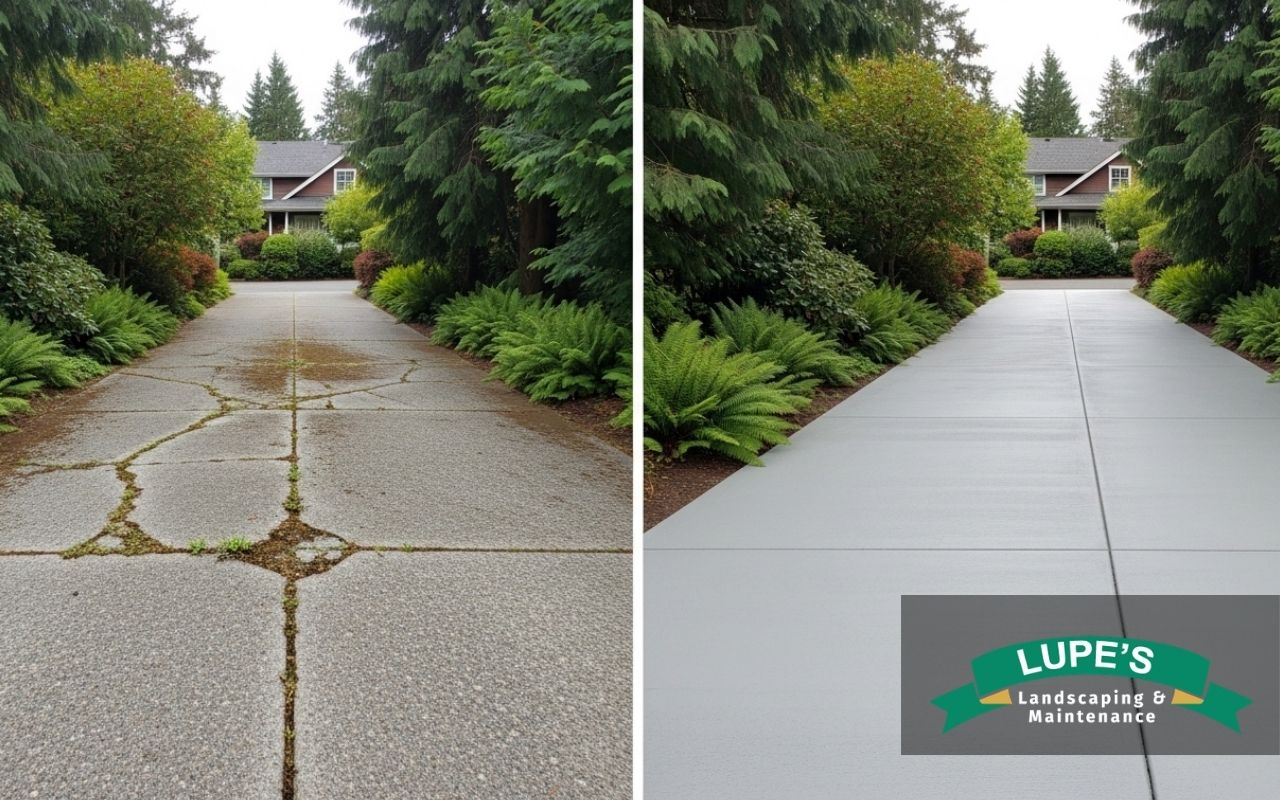 Concrete driveway resurfacing in Bainbridge Island before and after view