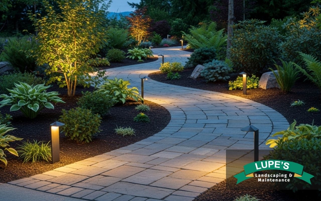 Garden pathway installation in Bainbridge Island with pavers and soft landscape lighting