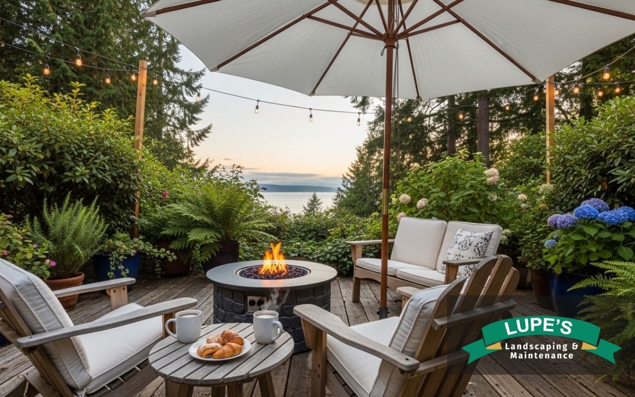 Outdoor seating design in Bainbridge Island with cozy patio seating