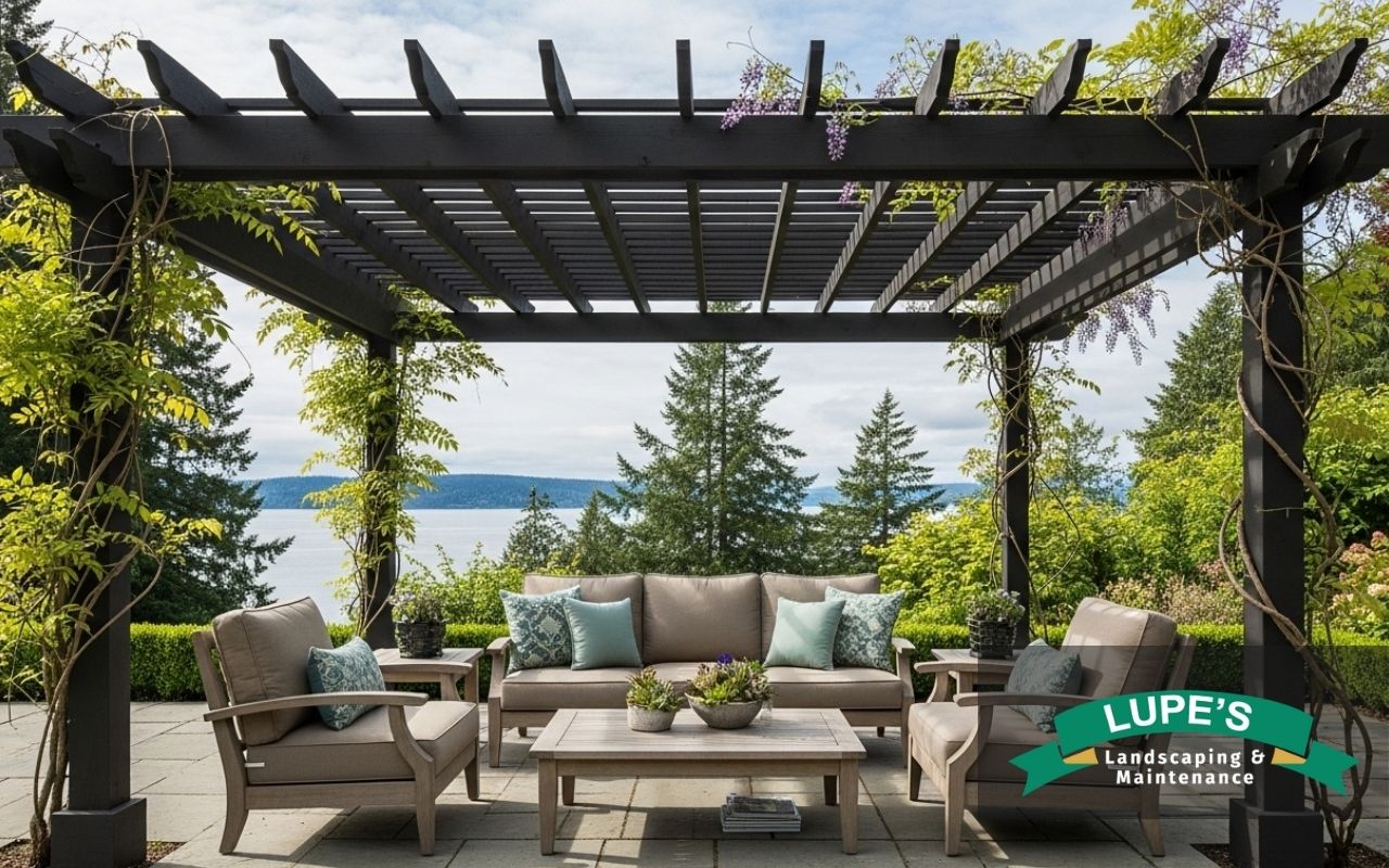 Patio shade solutions in Bainbridge Island with a pergola over an outdoor seating area