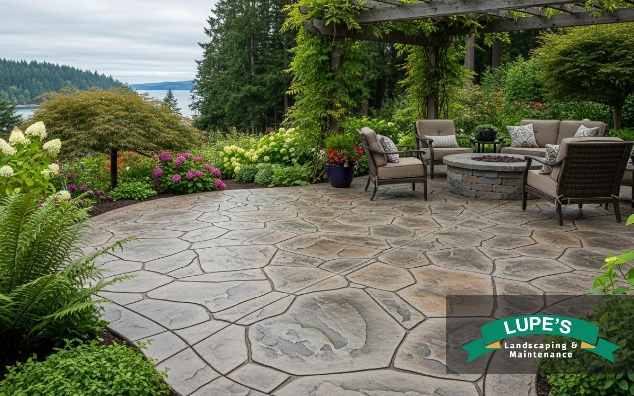 Stamped concrete patio in Bainbridge Island with natural stone pattern