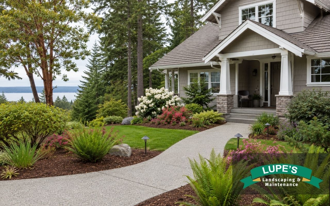 Front yard curb appeal with fresh plants and a clean walkway in Bainbridge Island