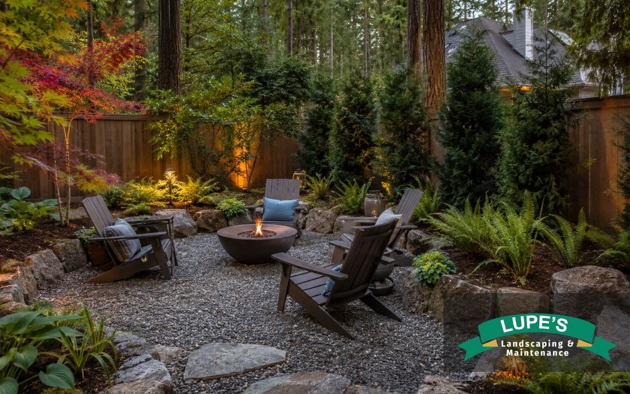 Gravel patio ideas for a Bainbridge Island backyard with seating