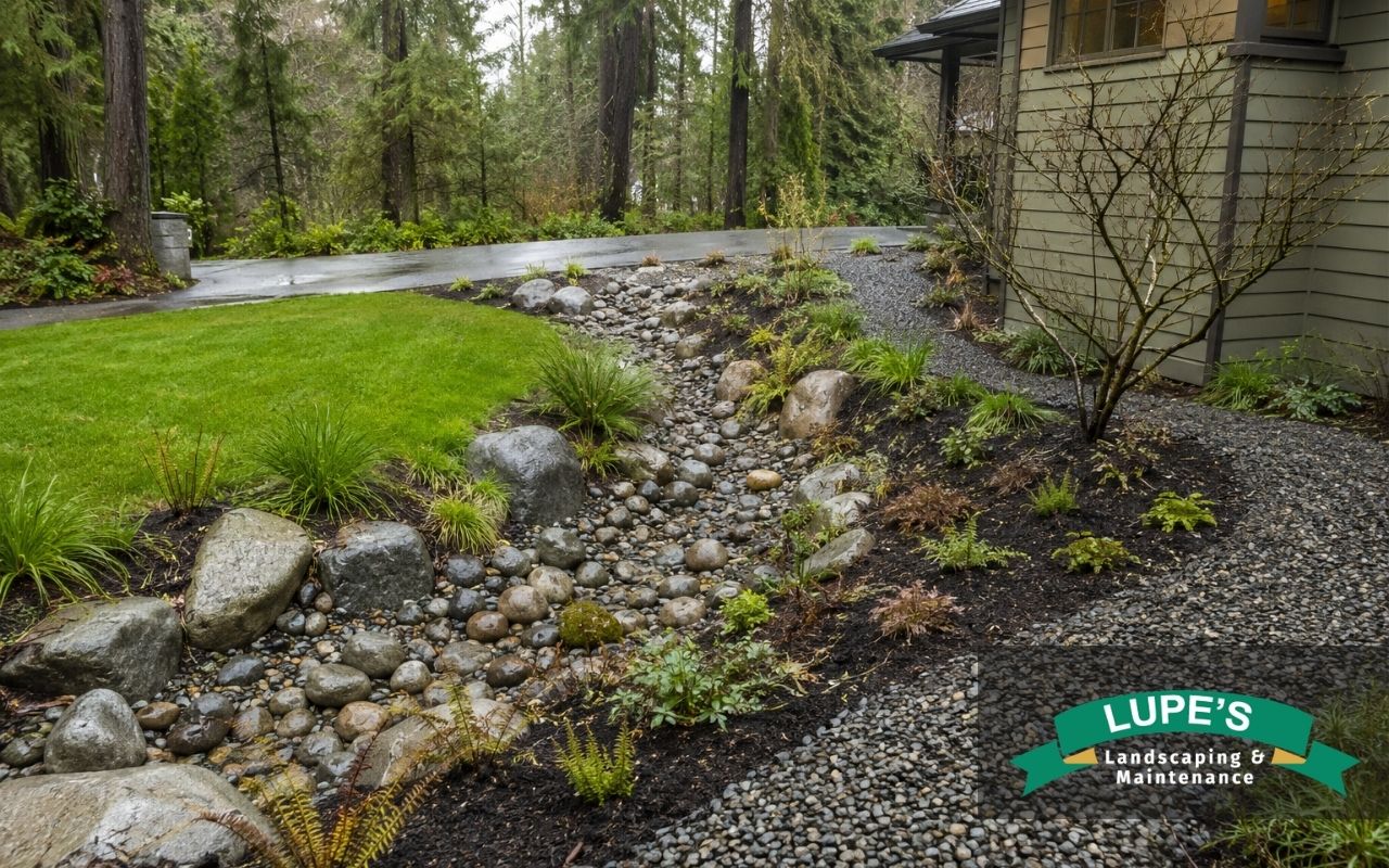 Outdoor drainage landscaping for a wet Bainbridge Island yard