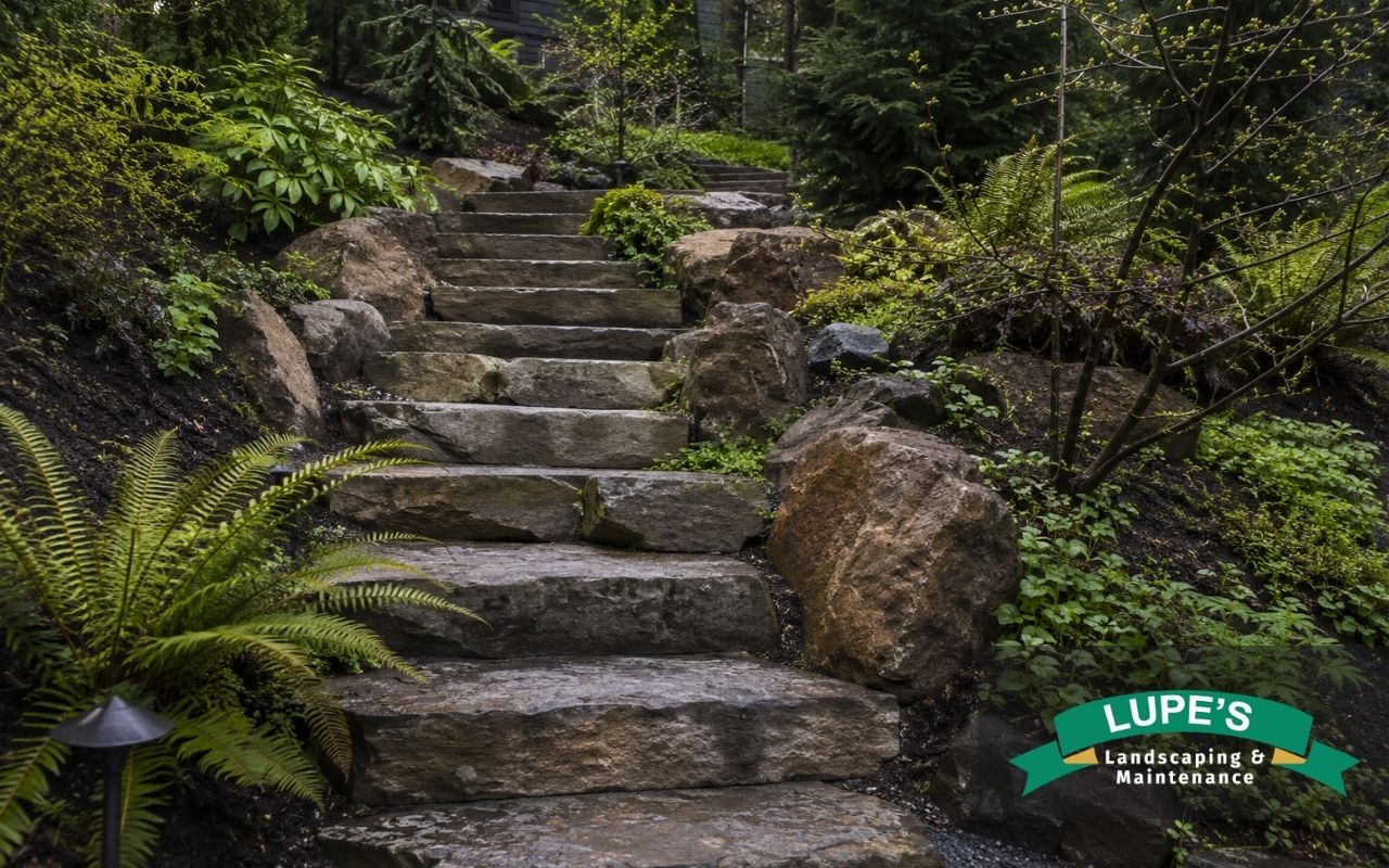 Outdoor stone steps built into a backyard slope with natural planting