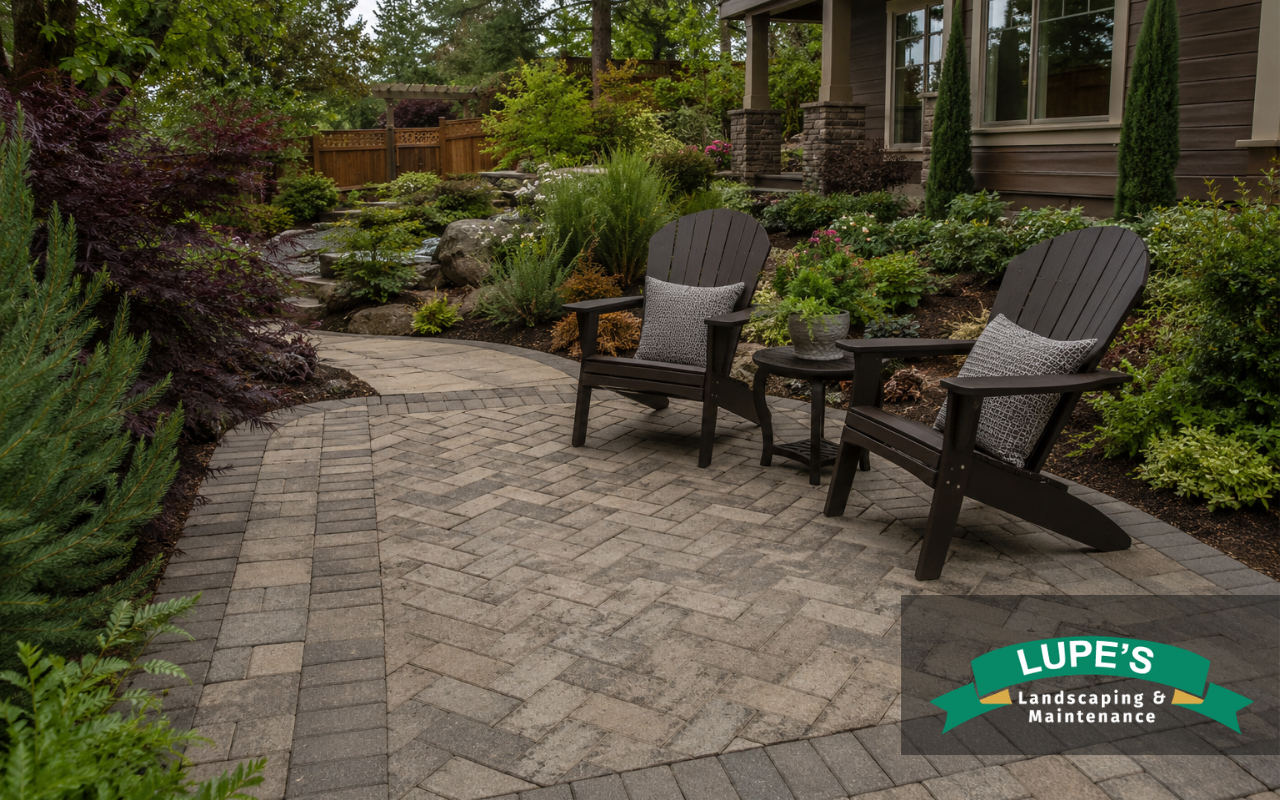 Backyard landscape renovation with patio, plants, and outdoor seating