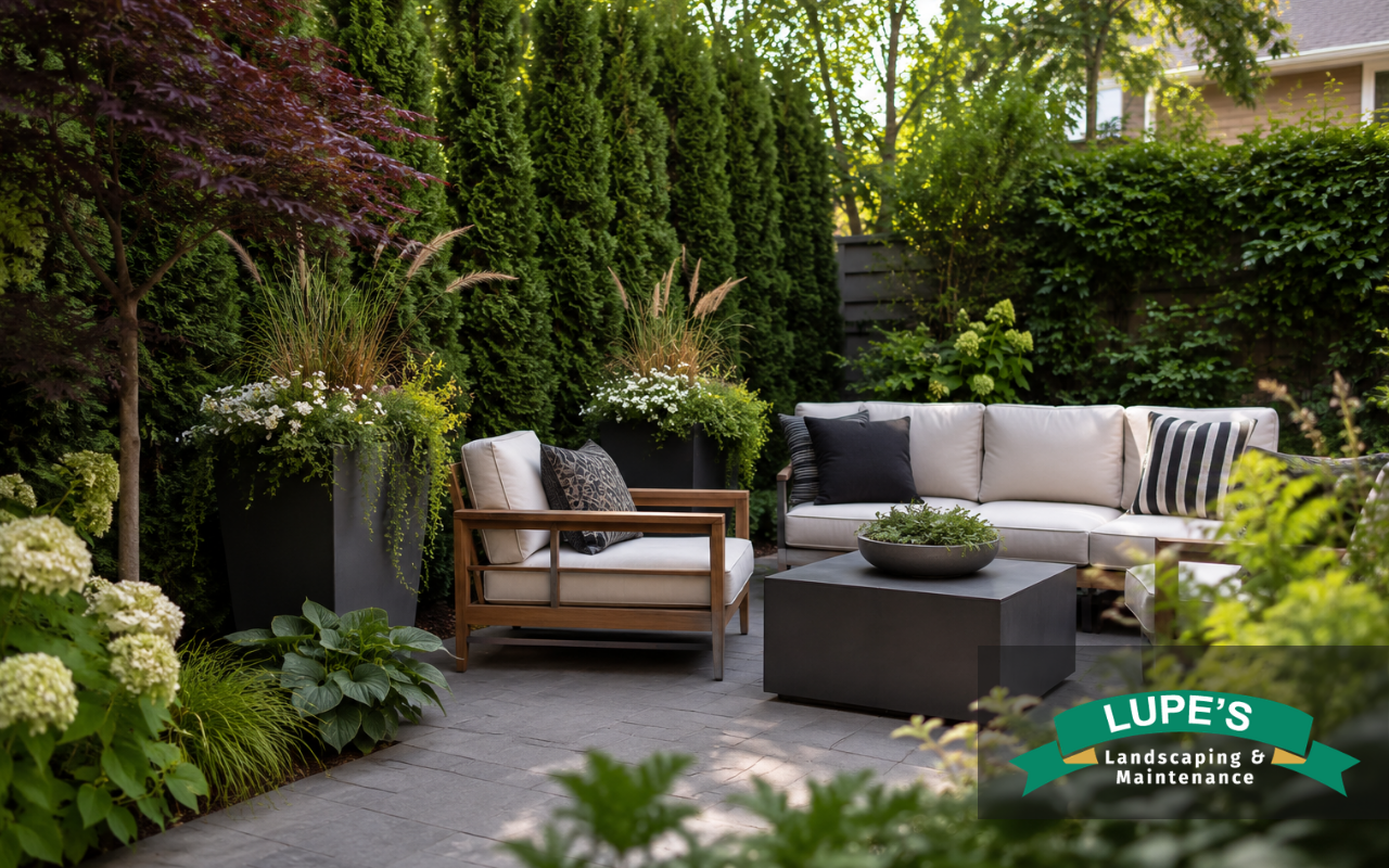 Patio border landscaping with plants and stone edging around a paved seating area