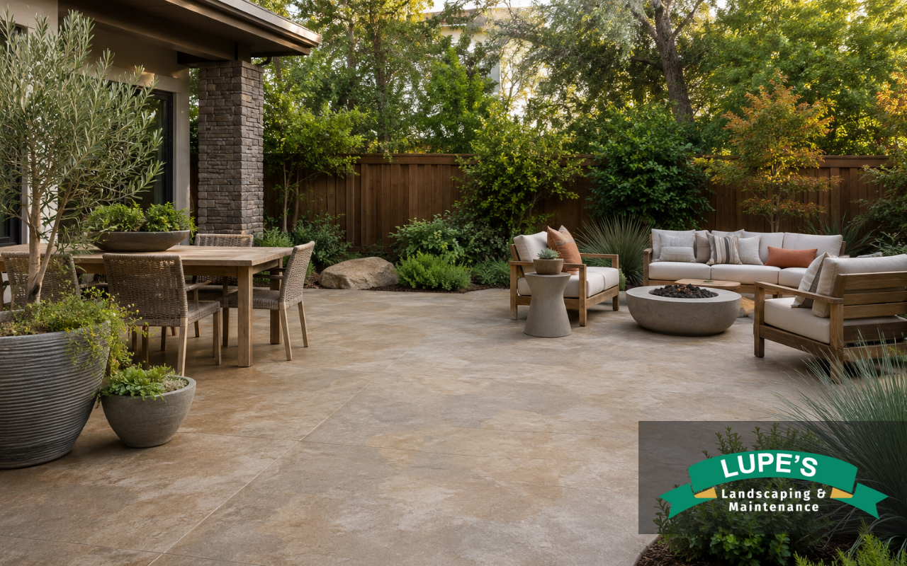 Earth-tone concrete patio color ideas for a natural backyard design