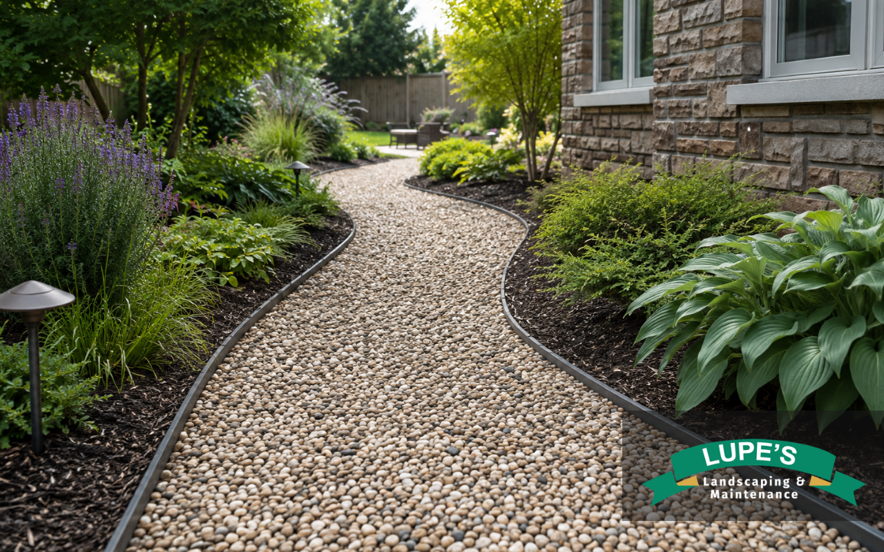 Decorative rock landscaping used to create a clean garden path