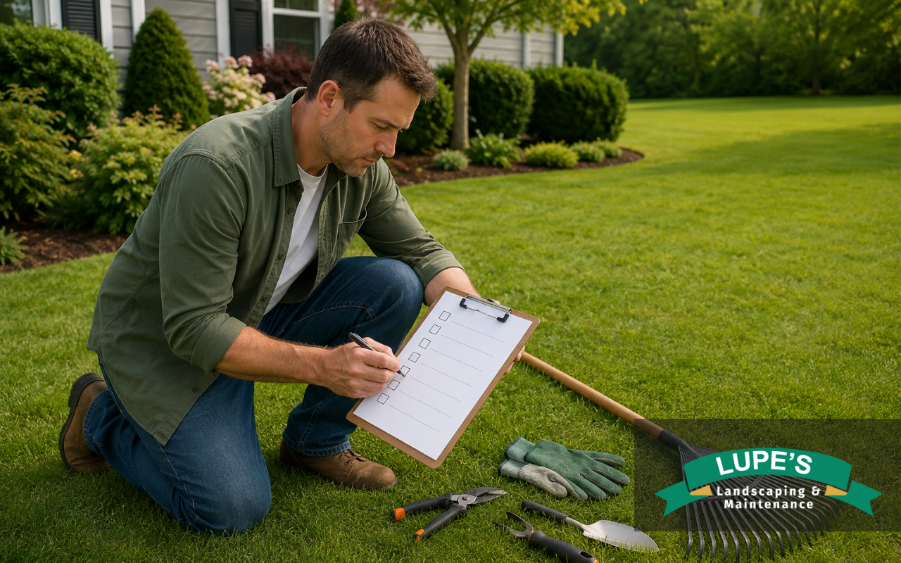 Homeowner following a landscape maintenance checklist for a clean lawn