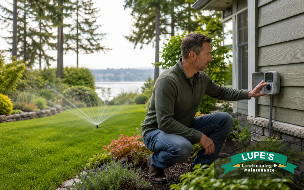 Homeowner following a lawn watering schedule in Bainbridge Island