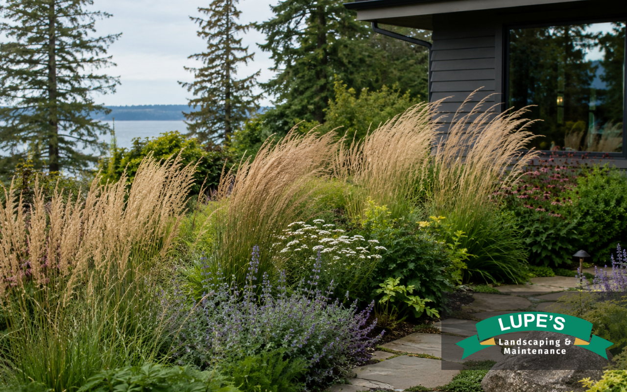 Ornamental grasses adding movement to a Bainbridge Island garden