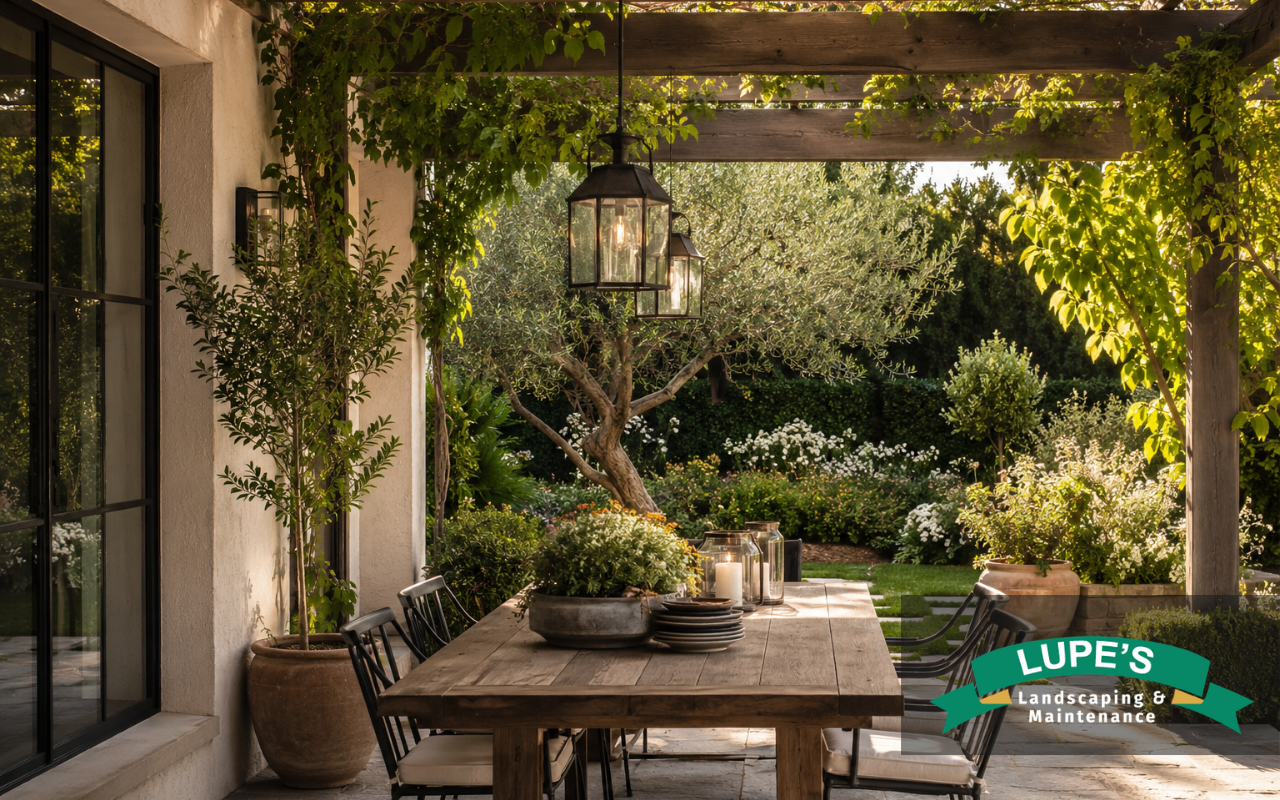 Outdoor dining patio ideas with a table, chairs, and garden view