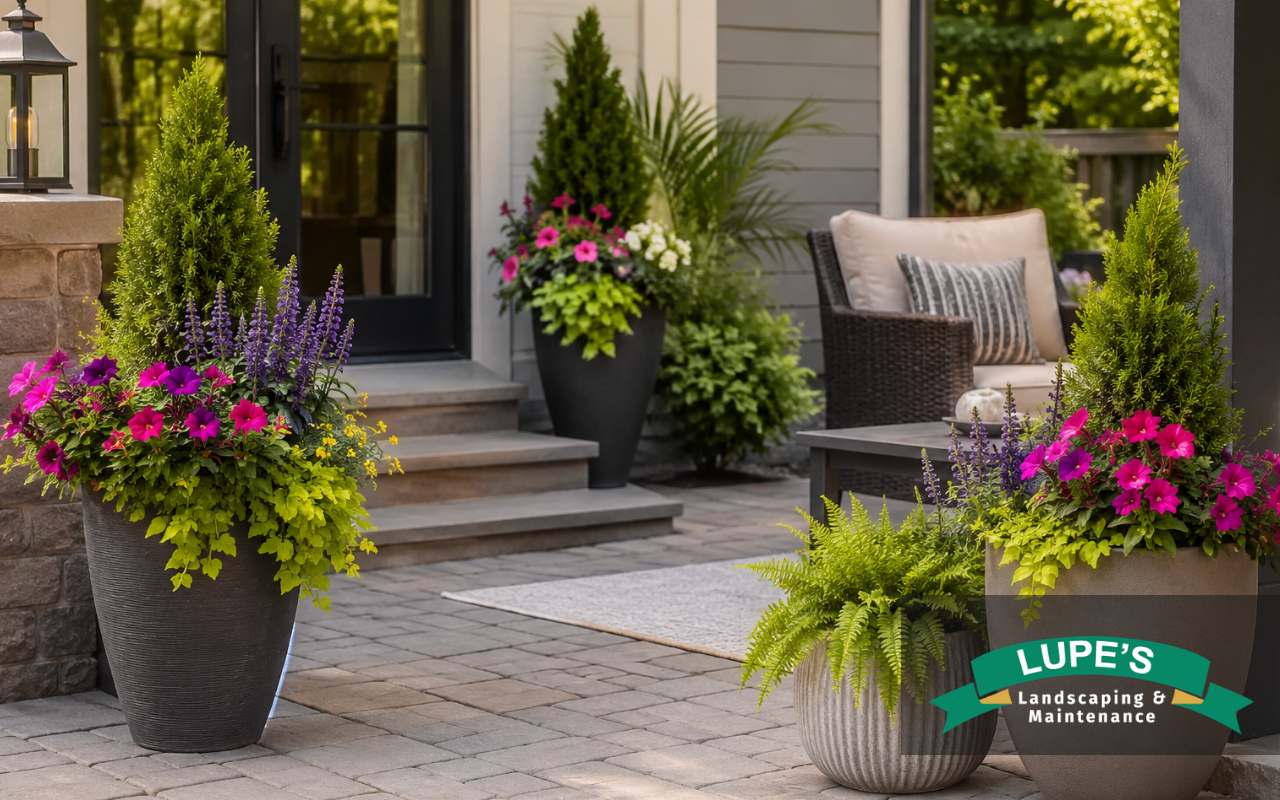 Outdoor planter ideas adding color to a welcoming patio