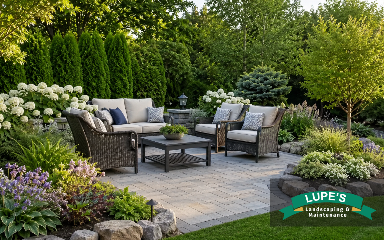 Backyard patio privacy ideas using plants and comfortable seating
