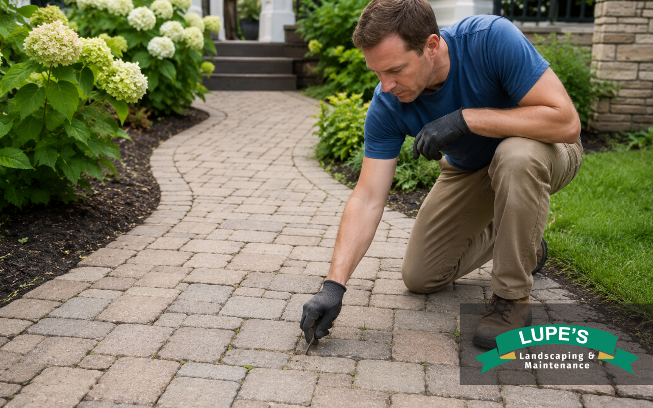 Homeowner checking a paver walkway for loose joints and weeds