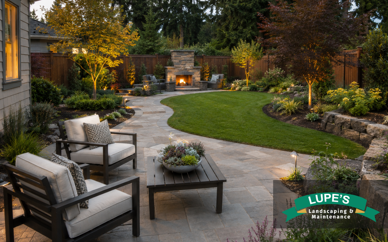 Backyard hardscape layout dividing a Bainbridge Island property into useful zones