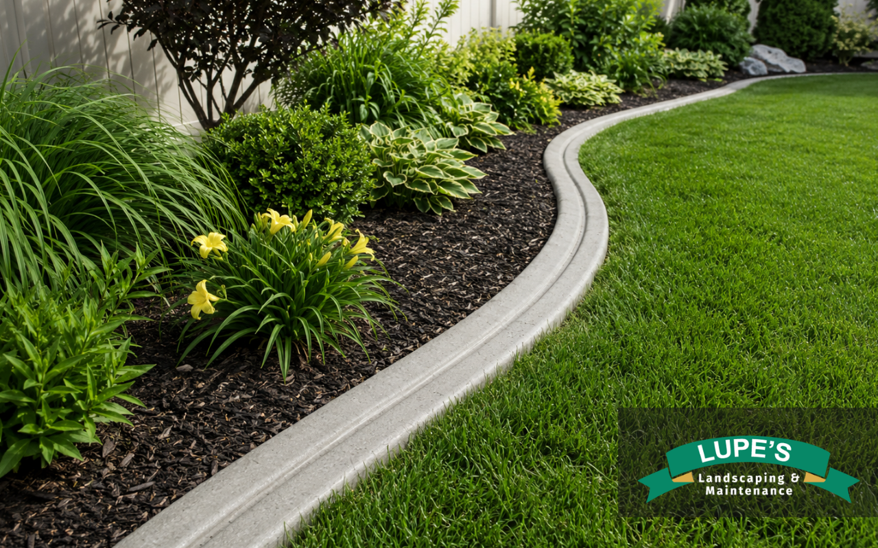 Decorative concrete border separating a landscaped garden bed from the lawn