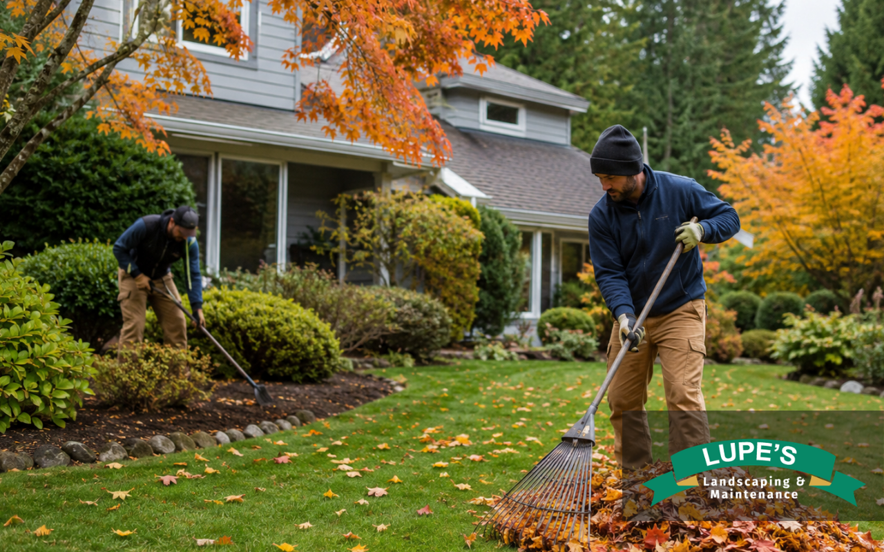 Landscaping crew preparing a Bainbridge Island yard for the fall season