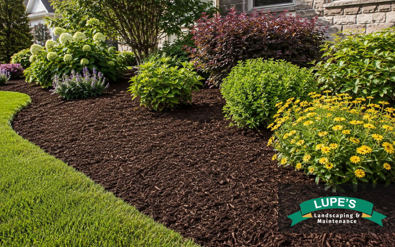 Fresh landscape mulch protecting soil and improving a residential garden bed