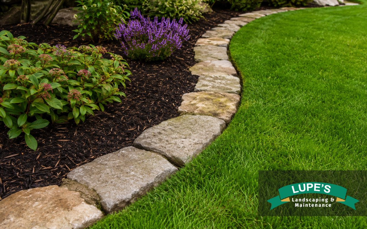 Natural stone edging separating a garden bed from a lawn in Bainbridge Island