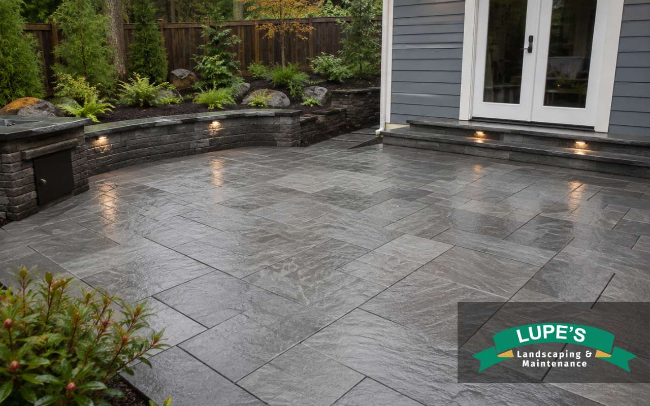 Finished outdoor patio flooring designed for a Bainbridge Island backyard