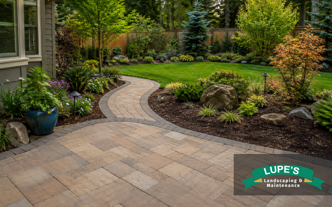 Patio transition design creating a smooth connection to a landscaped garden