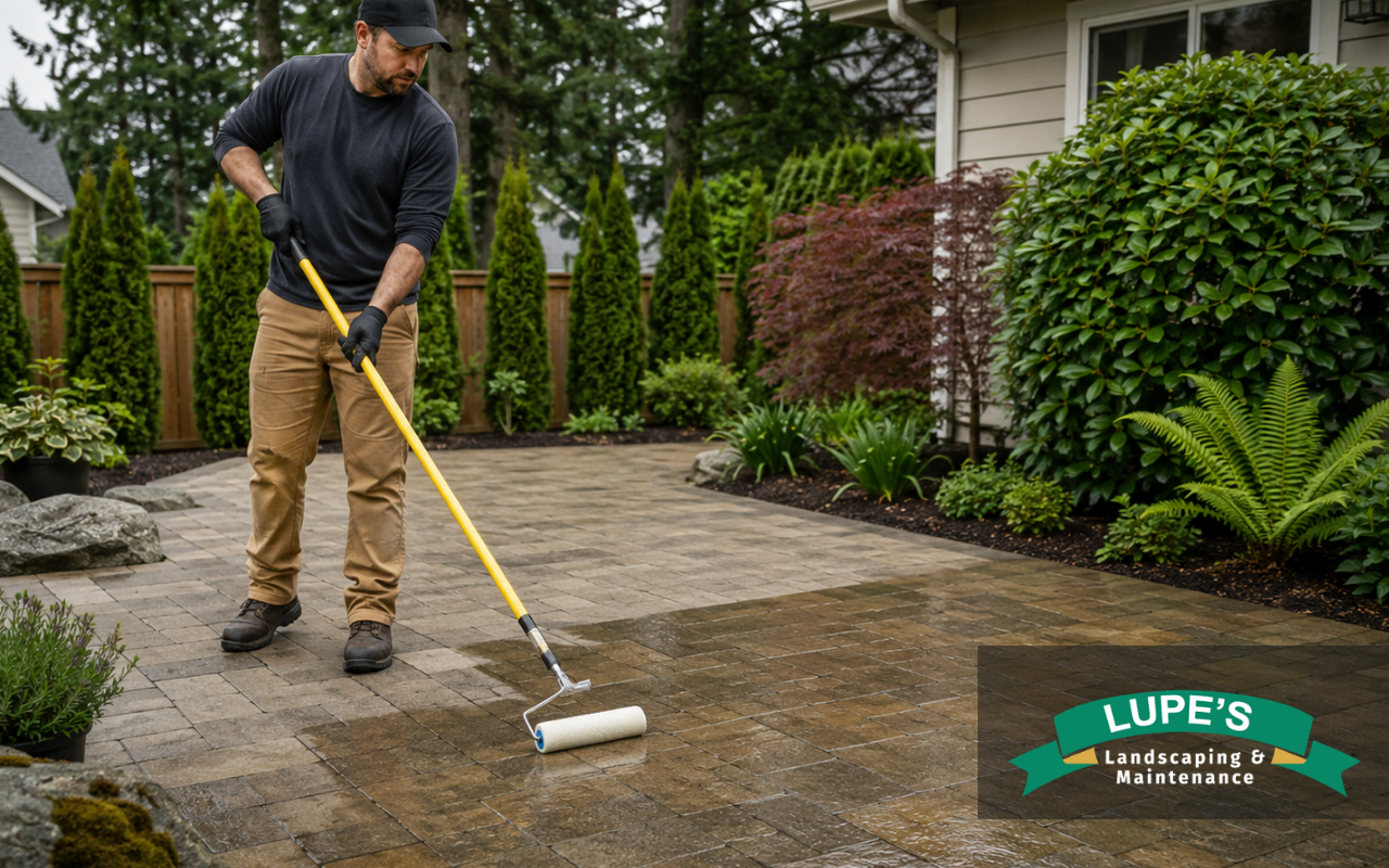 Professional applying sealer to clean patio pavers in Bainbridge Island